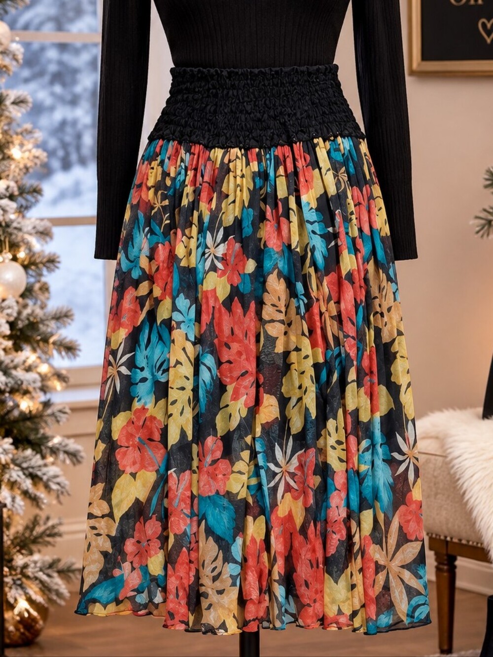 Women's Black Smocked-Waist Floral Midi Skirt